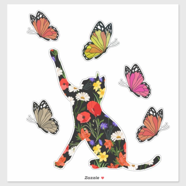 Pegatina Gato lindo, flores coloridas y mariposas, (Hoja)