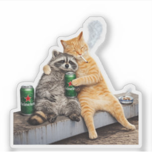 Pegatina Gato Mapache Fumando Cigarrillo Bebida de Meme A