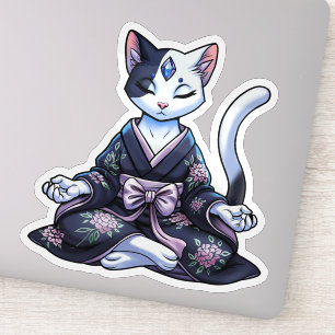Pegatina Gato Místico Meditando en Kimono Floral