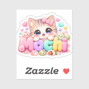 Pegatina Gato Mochi Kawaii Lindo Nombre Rosa Pastel Brillan