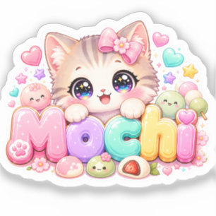 Pegatina Gato Mochi Kawaii Lindo Nombre Rosa Pastel Brillan