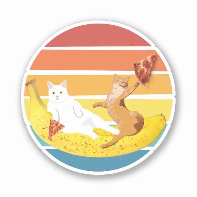 Pegatina Gato montando banana y sosteniendo pizza retro (Anverso)