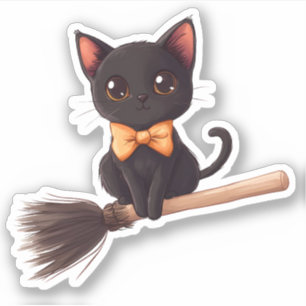 Pegatina Gato montando en la habitación de una bruja
