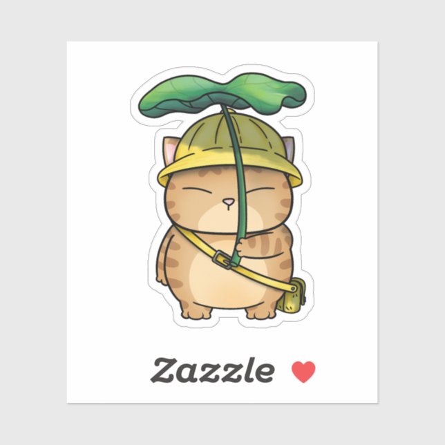 Pegatina Gato Naranja gordo con paraguas de hoja (Hoja)