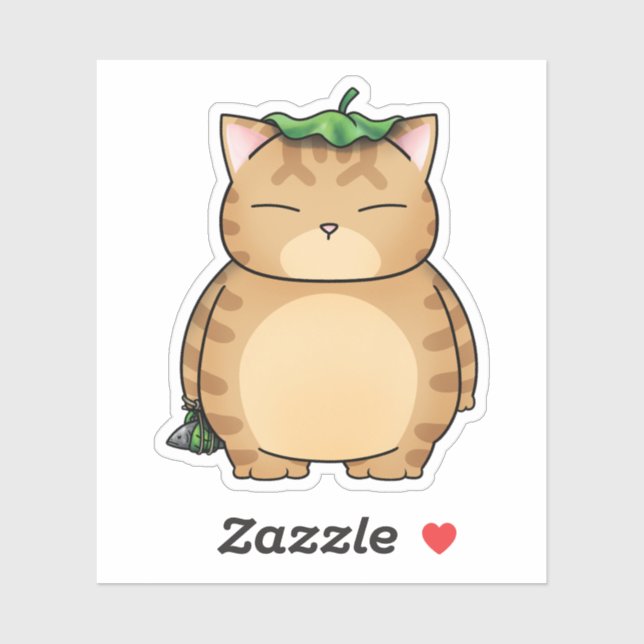 Pegatina Gato Naranja gordo con paraguas de hoja (Hoja)