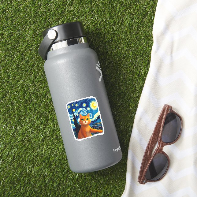 Pegatina Gato naranja Selfie Starry Night Cat Mamá Gato Ama (HydroFlask Insitu)