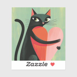 Pegatina Gato negro adorable abrazando corazón Verde salvia