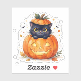 Pegatina Gato Negro Adorable en Calabaza de Halloween