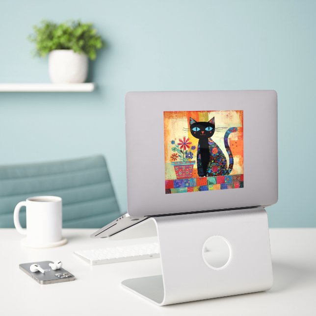 Pegatina Gato Negro Arte Caprichoso (Ordenado portátil  en el escritorio)