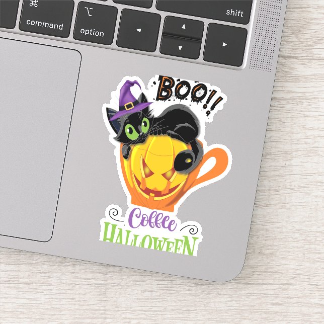 Pegatina Gato negro boo, calabaza temerosa café Halloween (Detalle)