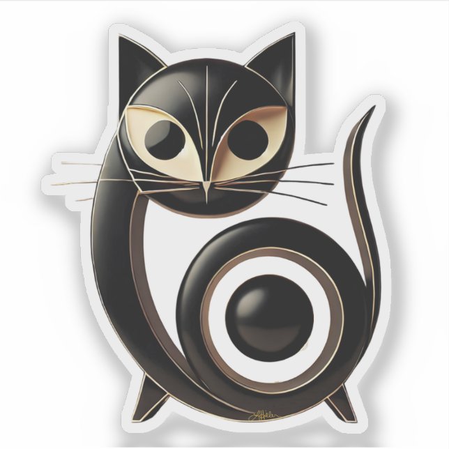 Pegatina Gato negro de arte moderno de mediados de siglo (Anverso)