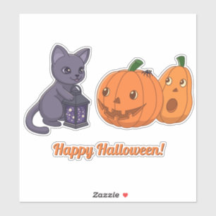 Pegatina Gato negro de Halloween, calabazas, linterna mágic