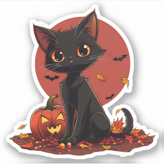 Pegatina Gato negro de Halloween con Jack-o-Lantern (Anverso)