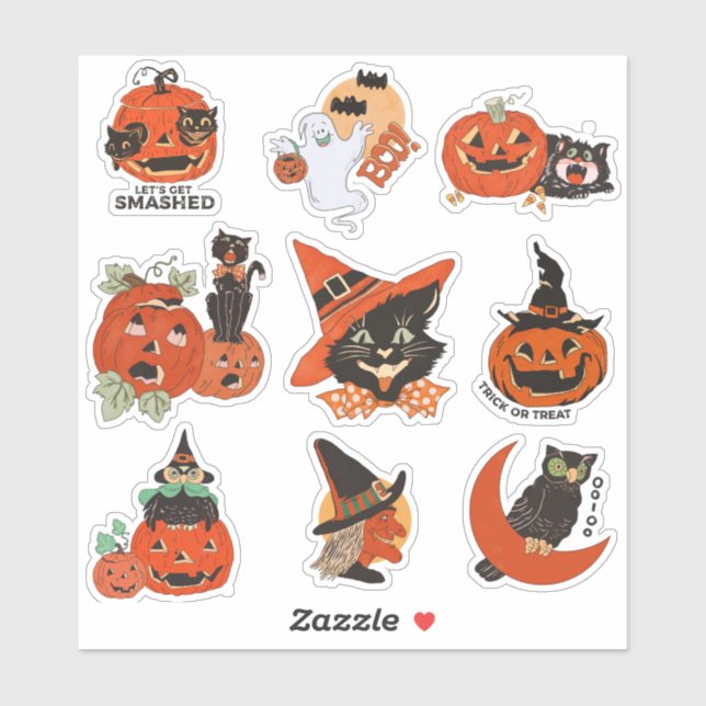 Pegatina Gato negro de Halloween vintage (Hoja)