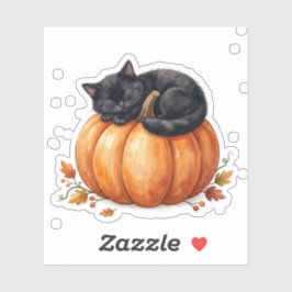 Pegatina Gato Negro Dormido en Calabaza Otoño Acogedor 