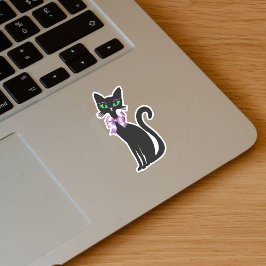 Pegatina Gato negro esbelto bonito ojos verdes lazo rosa