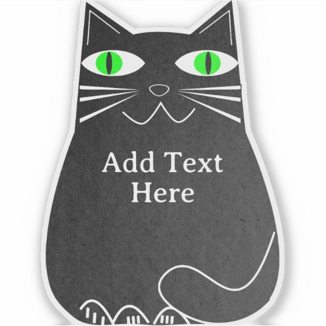 Pegatina Gato negro graso con ojos verdes Personalizado tex (Anverso)