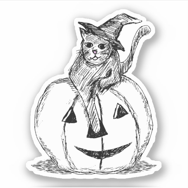 Pegatina Gato Negro Halloween Y Calabaza (Anverso)