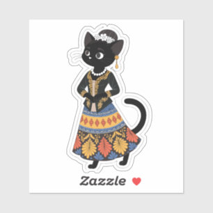 Pegatina Gato negro javanés estético en kebaya tradicional