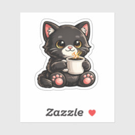 Pegatina Gato negro lindo con café