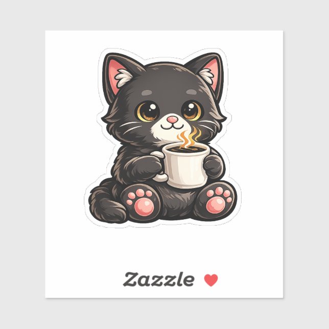 Pegatina Gato negro lindo con café (Hoja)