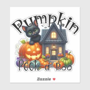 Pegatina Gato negro lindo con calabaza Peek-a-Boo Halloween