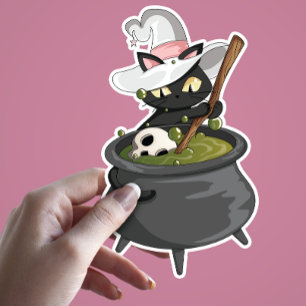 Pegatina Gato negro lindo con Gorra de bruja preparando poc