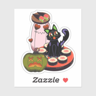 Pegatina Gato negro lindo de Halloween sentado en sushi
