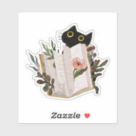 Pegatina Gato negro lindo y libro floral