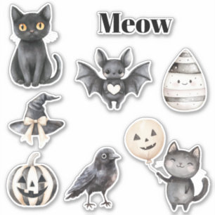 Pegatina Gato Negro Maúlla Pájaro Calabaza Murciélago