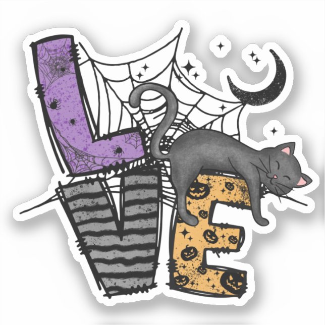 Pegatina Gato negro perezoso en la web araña con amor (Anverso)