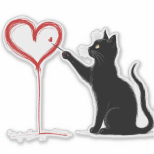 Pegatina Gato Negro Pintando un Corazón Rojo