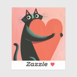 Pegatina Gato negro retro abrazando corazón lindo