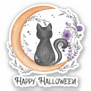 Pegatina Gato negro y luna creciente por feliz Halloween