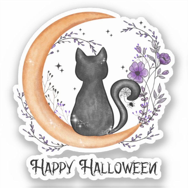 Pegatina Gato negro y luna creciente por feliz Halloween (Anverso)