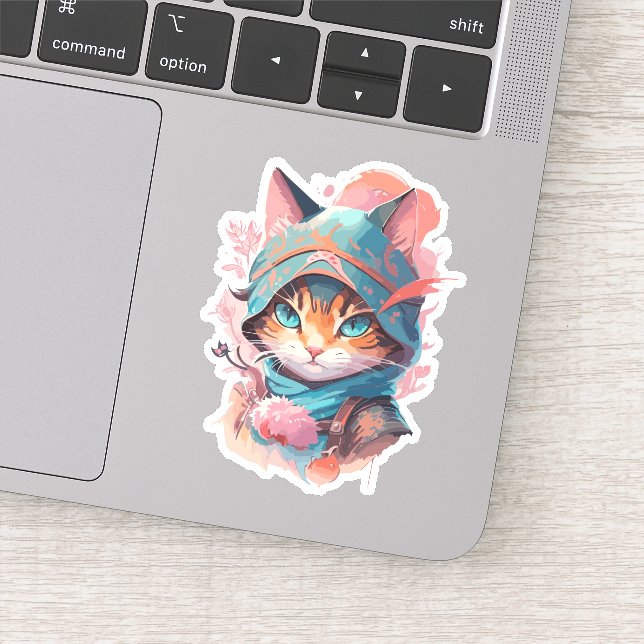 Pegatina Gato Ninja Encapuchado Cute Acuarela (Detalle)