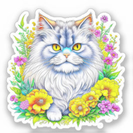 Pegatina Gato persa con flores amarillas y rosas