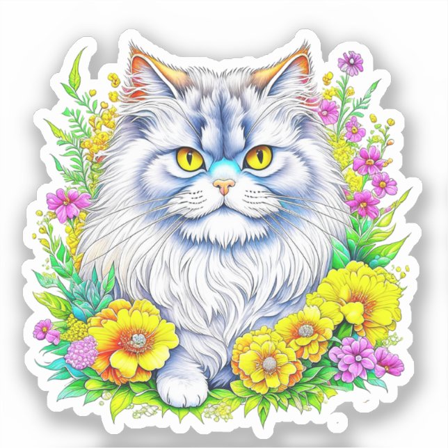 Pegatina Gato persa con flores amarillas y rosas (Anverso)