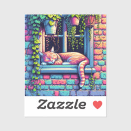 Pegatina Gato somnoliento en la ventana hasta el arte