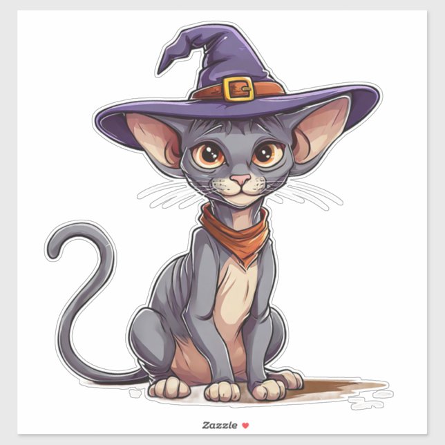 Pegatina Gato Sphynx Adorable en Gorra de Brujas (Hoja)