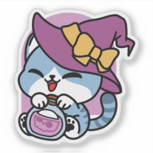 Pegatina Gato Tabby de Halloween – Arte de Sombrero de Bruj