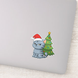 Pegatina Gato Tabby Gris Gruñón Sombrero Rojo Árbol de Navi