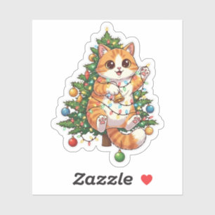 Pegatina Gato trepador de árbol de Navidad enredado en luce