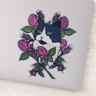 Pegatina Gato Tuxedo Peony Floral Art Tuxie Gatos