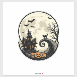 Pegatina Gato vintage de Halloween Casa embrujada de la lun