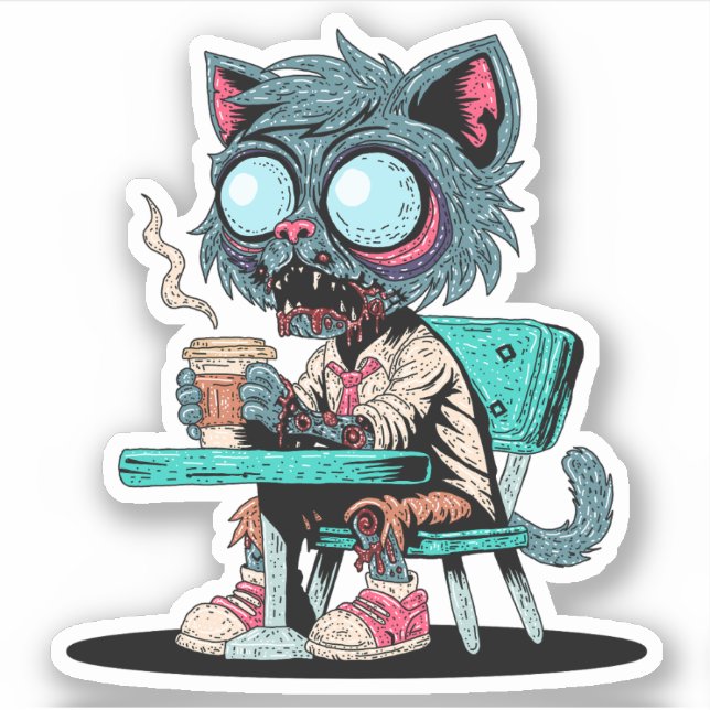 Pegatina Gato Zombie con amor al café (Anverso)