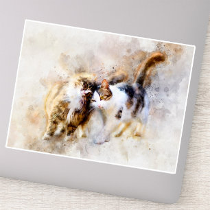 Pegatina Gatos de Acuarela Acariciándose en Arte Abstracto