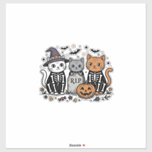 Pegatina Gatos Esqueleto Lindos Grabado Vintage Halloween C