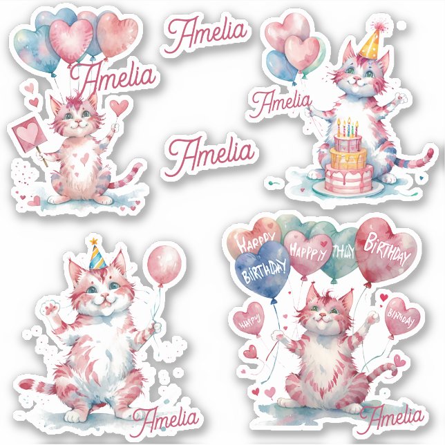 Pegatina Gatos Felices Cumpleaños Personalizados (Anverso)