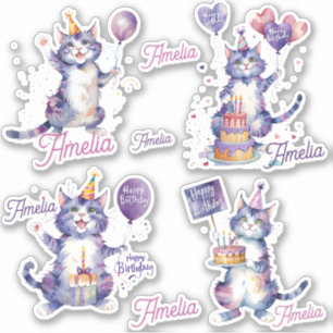 Pegatina Gatos morados Felices Cumpleaños Personalizado